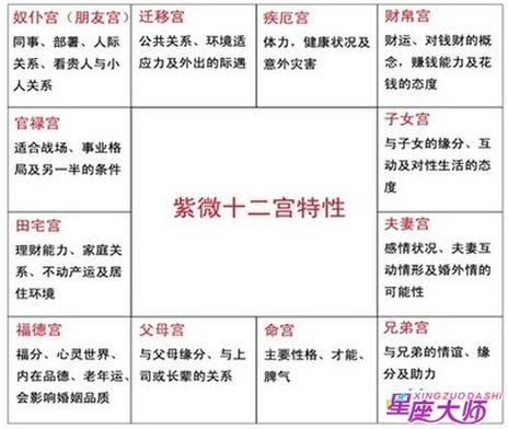 12宫分类紫微命盘分为12宫:命宫,父母宫,福德宫,田宅宫,事业宫,部属宫